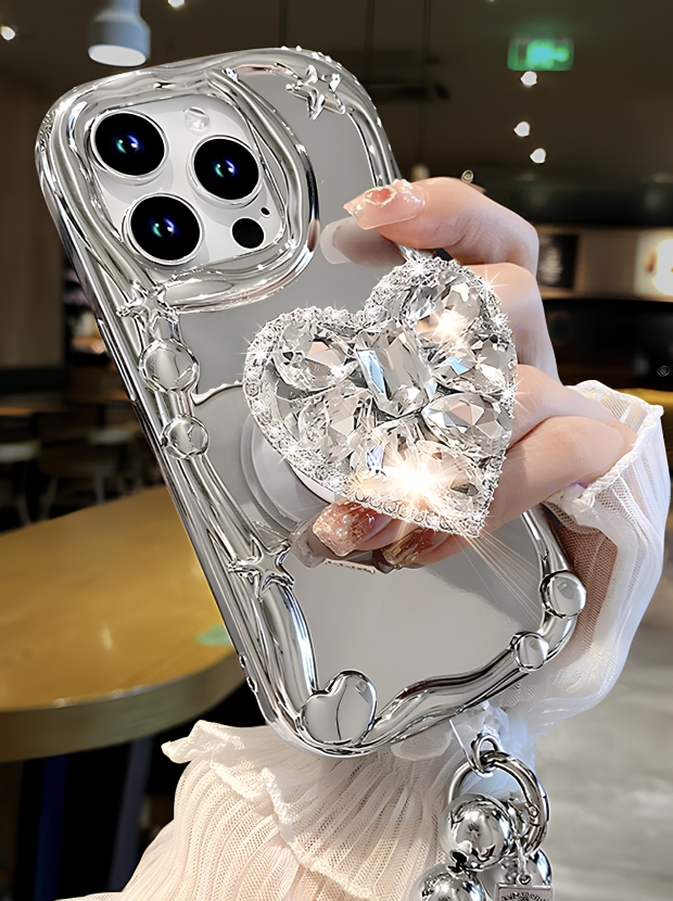 Crystal Heart Mirror Case with Ring